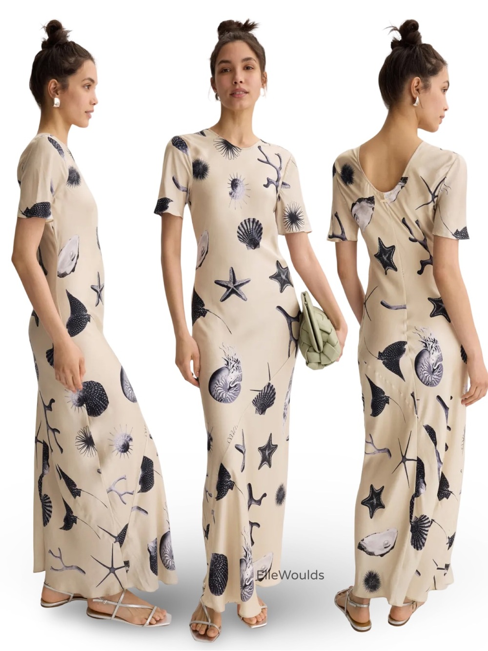 Silk Laundry Seashells Short Sleeve Bias Dress Beige 100% Silk Size Medium